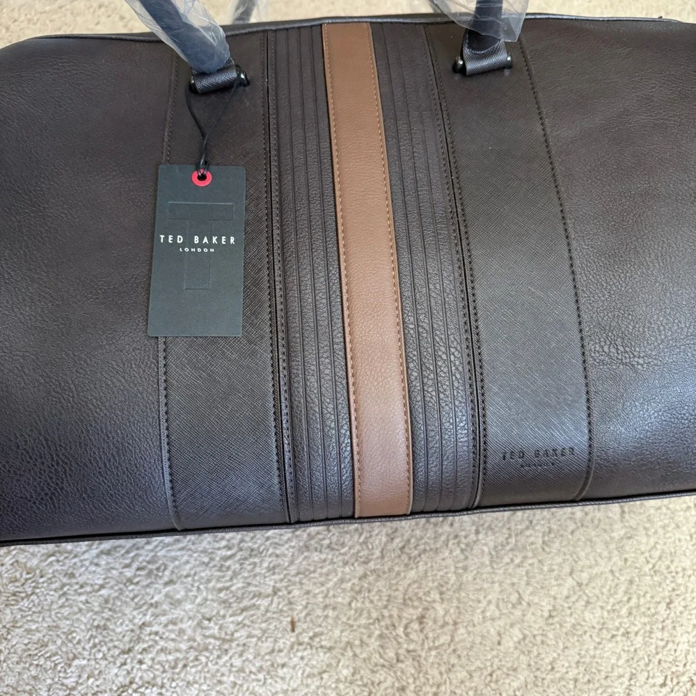 Ted Baker Striped PU Holdall weekender bag, Brown faux leather